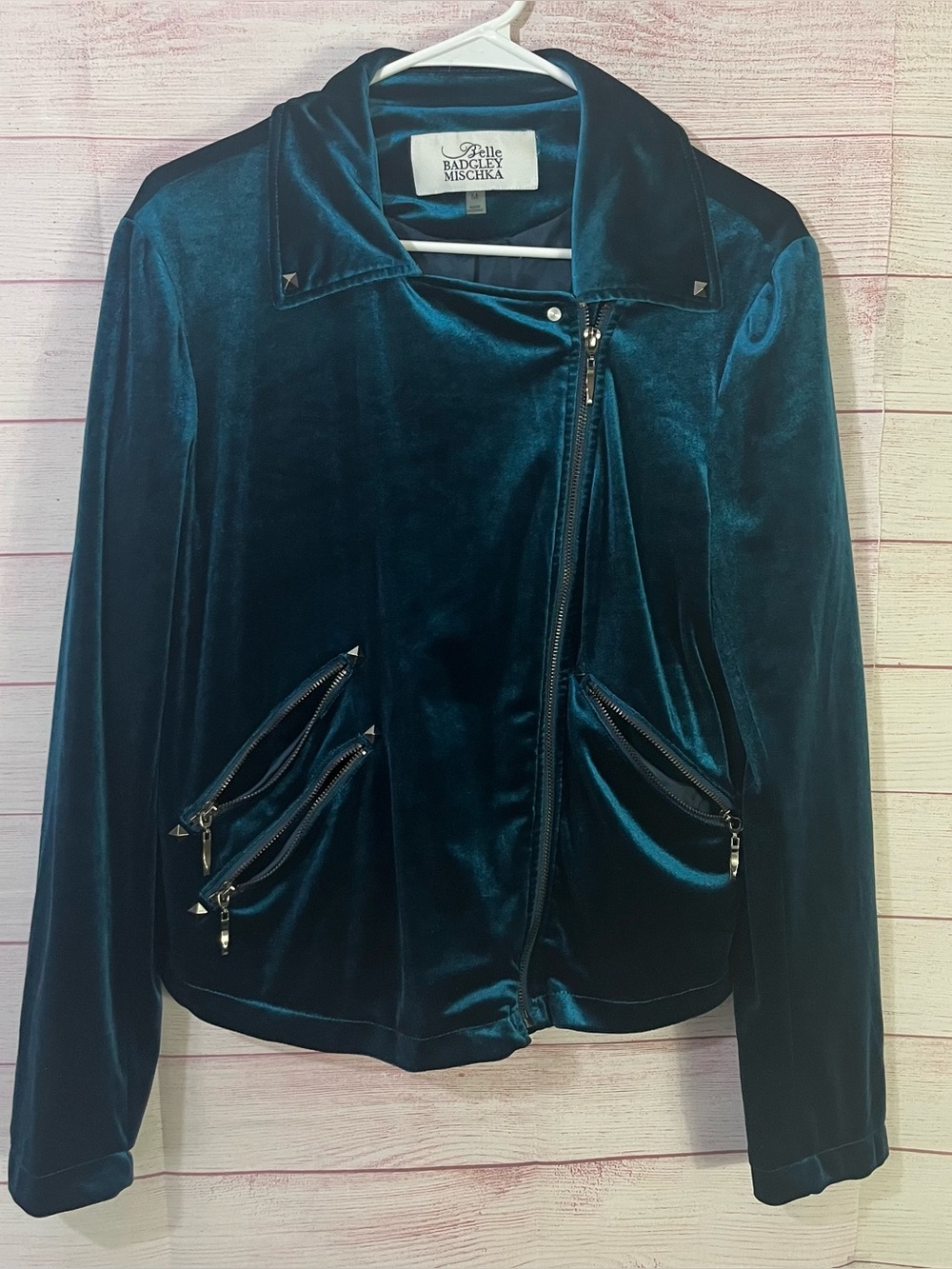 Belle Badgely Mischka Teal Velvet Studded Moto Zipper Jacket Medium